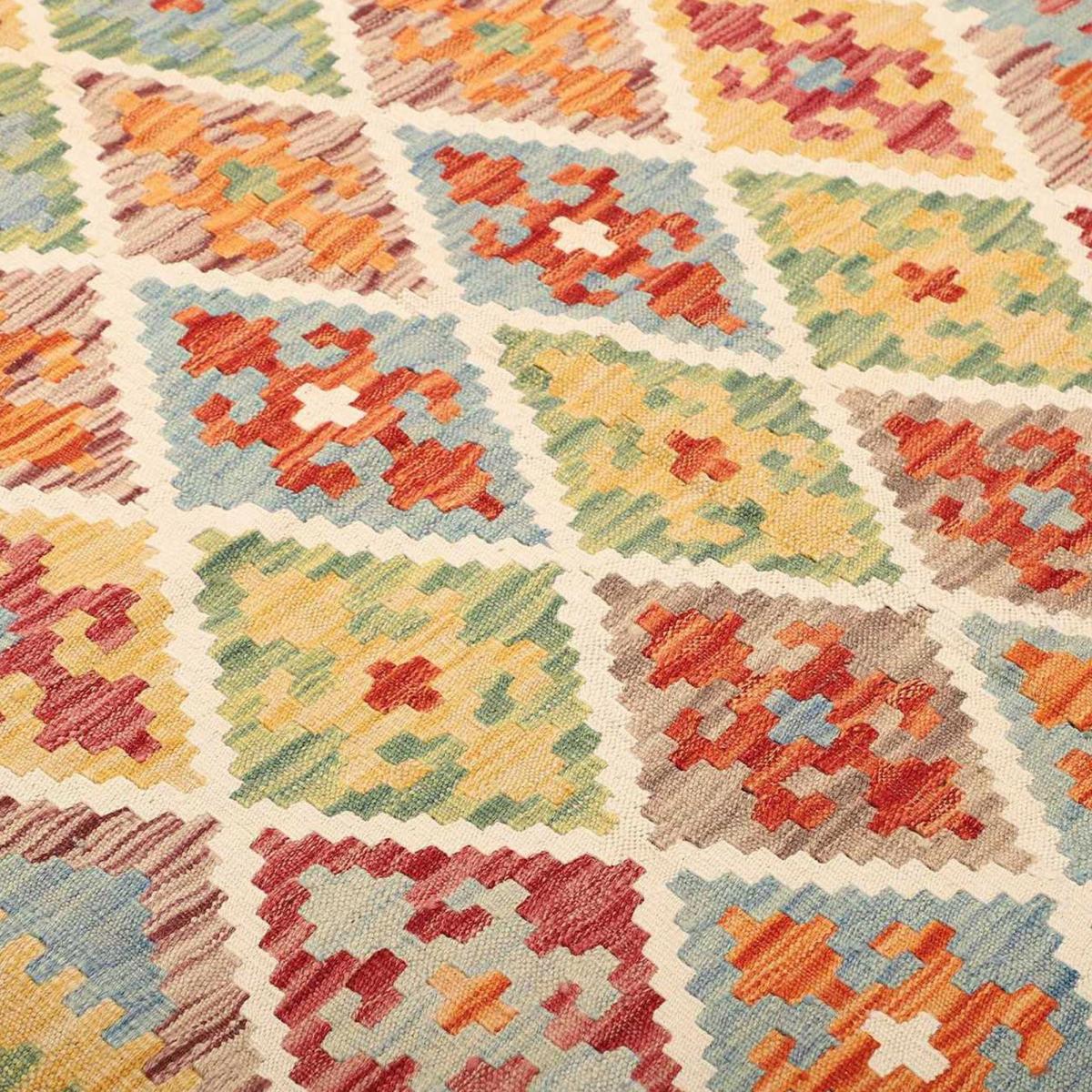 Tapis kilim géométrique, tissé plat en laine, KILIM 46 multicolore, orange, vert, UN AMOUR DE TAPIS