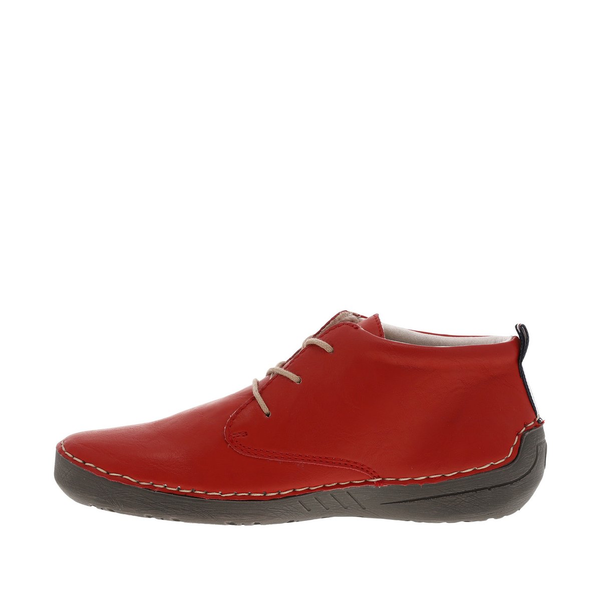 Bottines rouges à semelle plate lacets ronds beiges avec grosses surpiqûres contrastées rouges, RIEKER