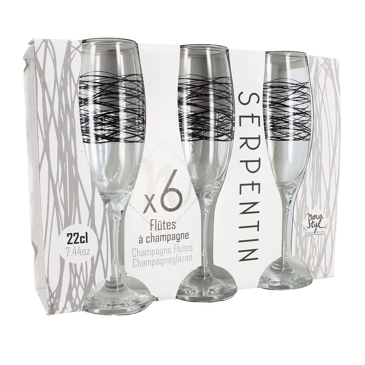 Lot de 6 flutes en verre 22cl, SERPENTIN transparent, NOVASTYL