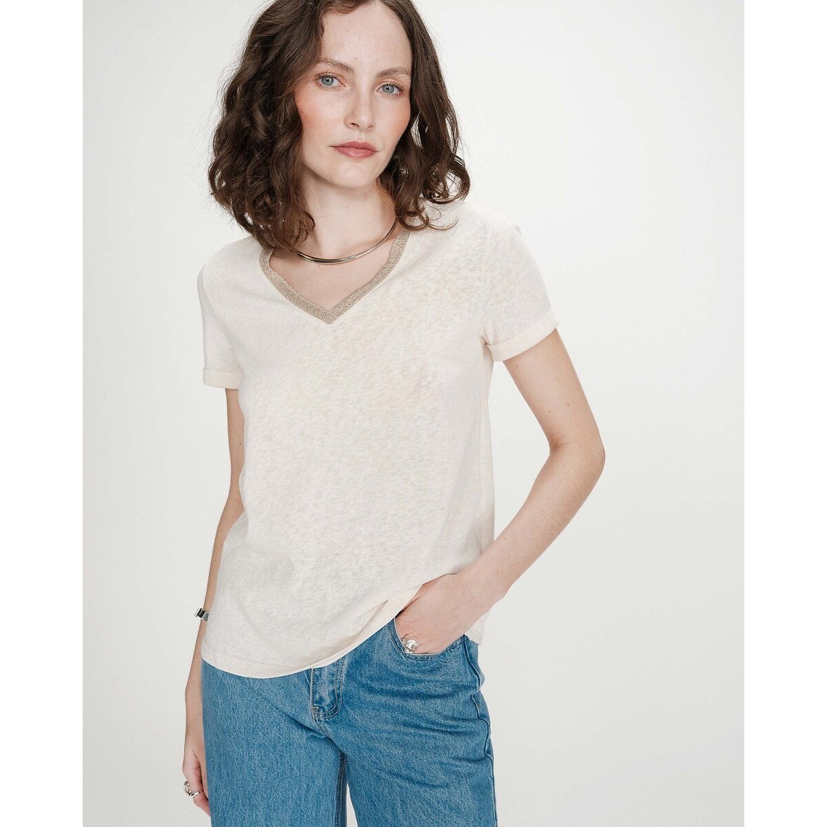 T-shirt col V en fil textile VASCO ecru, GRACE & MILA