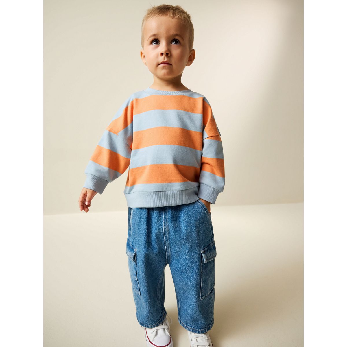 Sweat ras du cou imprimé sur l’ensemble rayures orange et bleues, NEXT