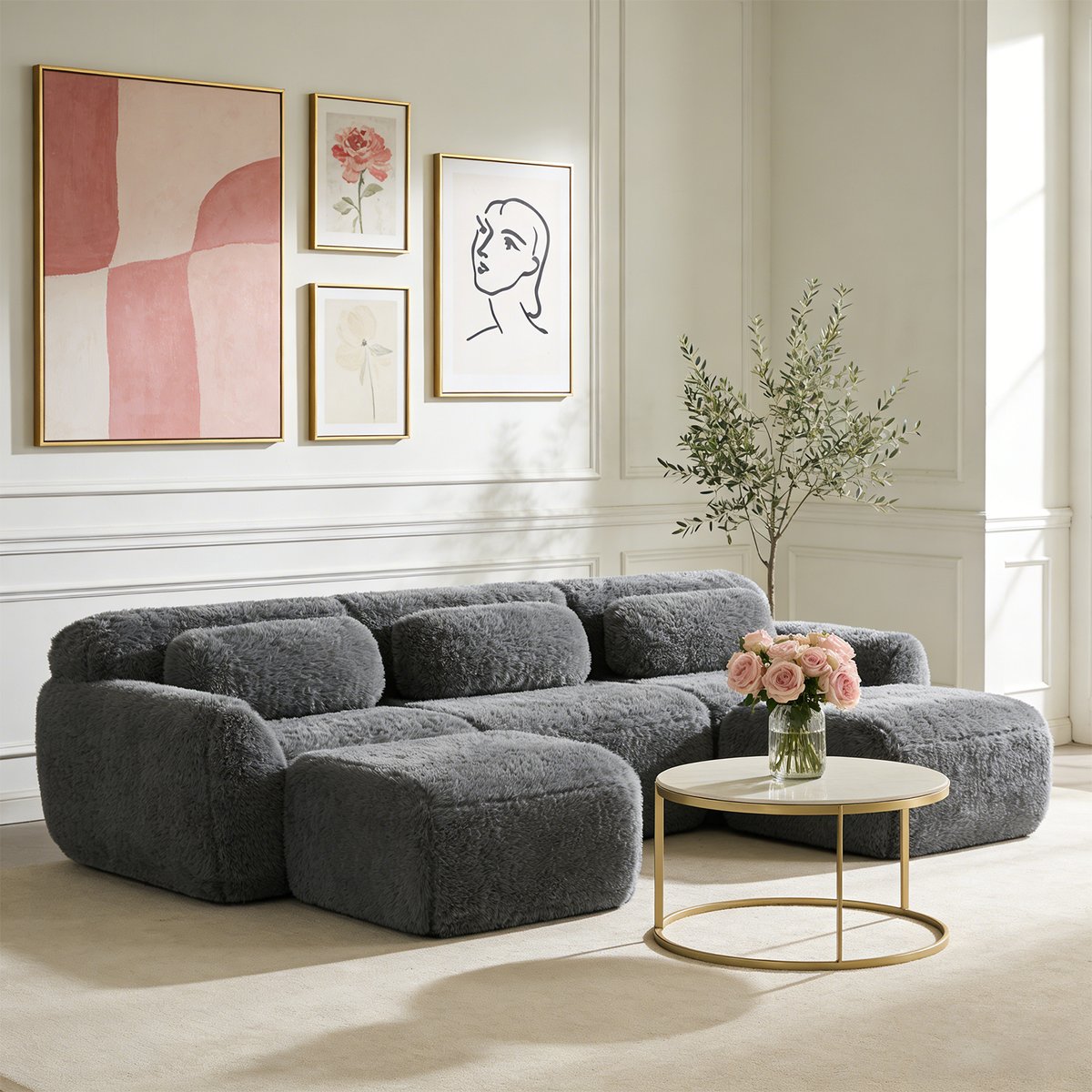 Canapé d'angle réversible 3 places avec 2 poufs, WIND gris charbon, MEUBLES COSY