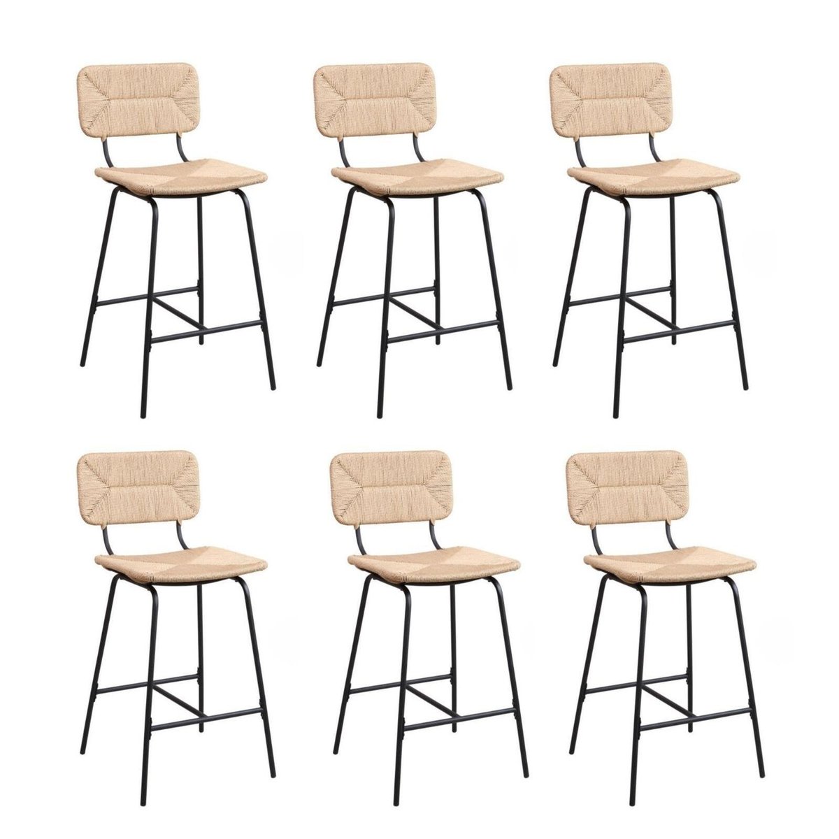 Lot de tabourets de bar et d'ilot en métal et assise rotin 65cm TIDRA|Lot de 6 | Lot de 6 naturel, MOB IN