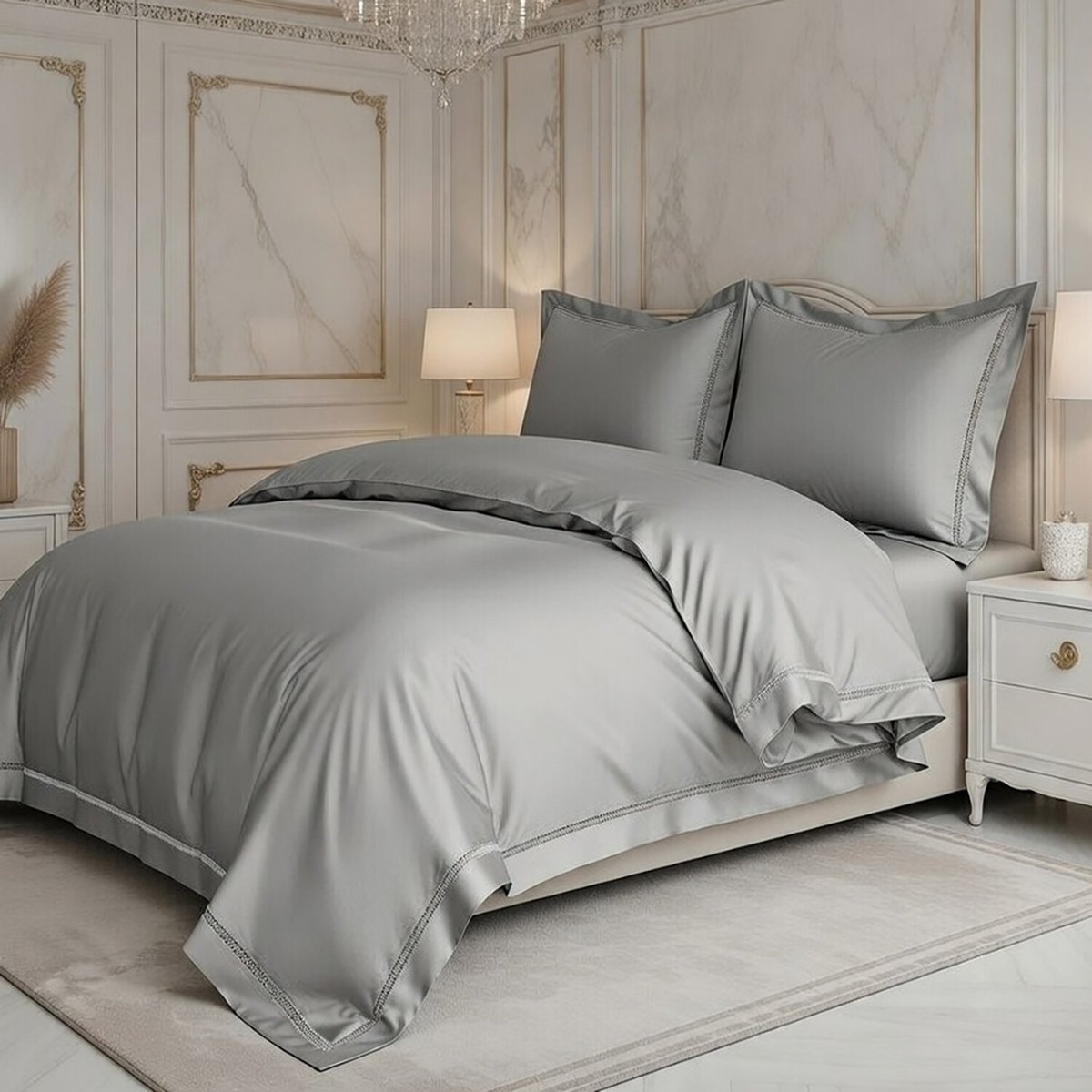 Parure housse de couette en coton 120 fils brodé gris, C DESIGN HOME TEXTILE