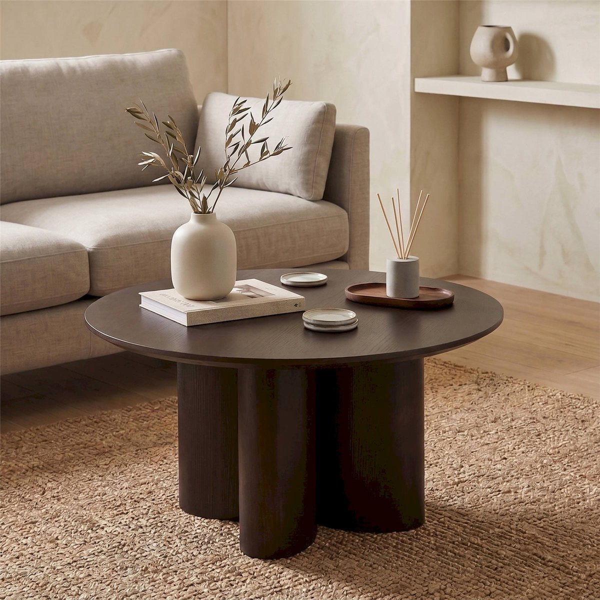 Table basse ronde en placage chêne ETIALLY noyer, RECOLLECTION