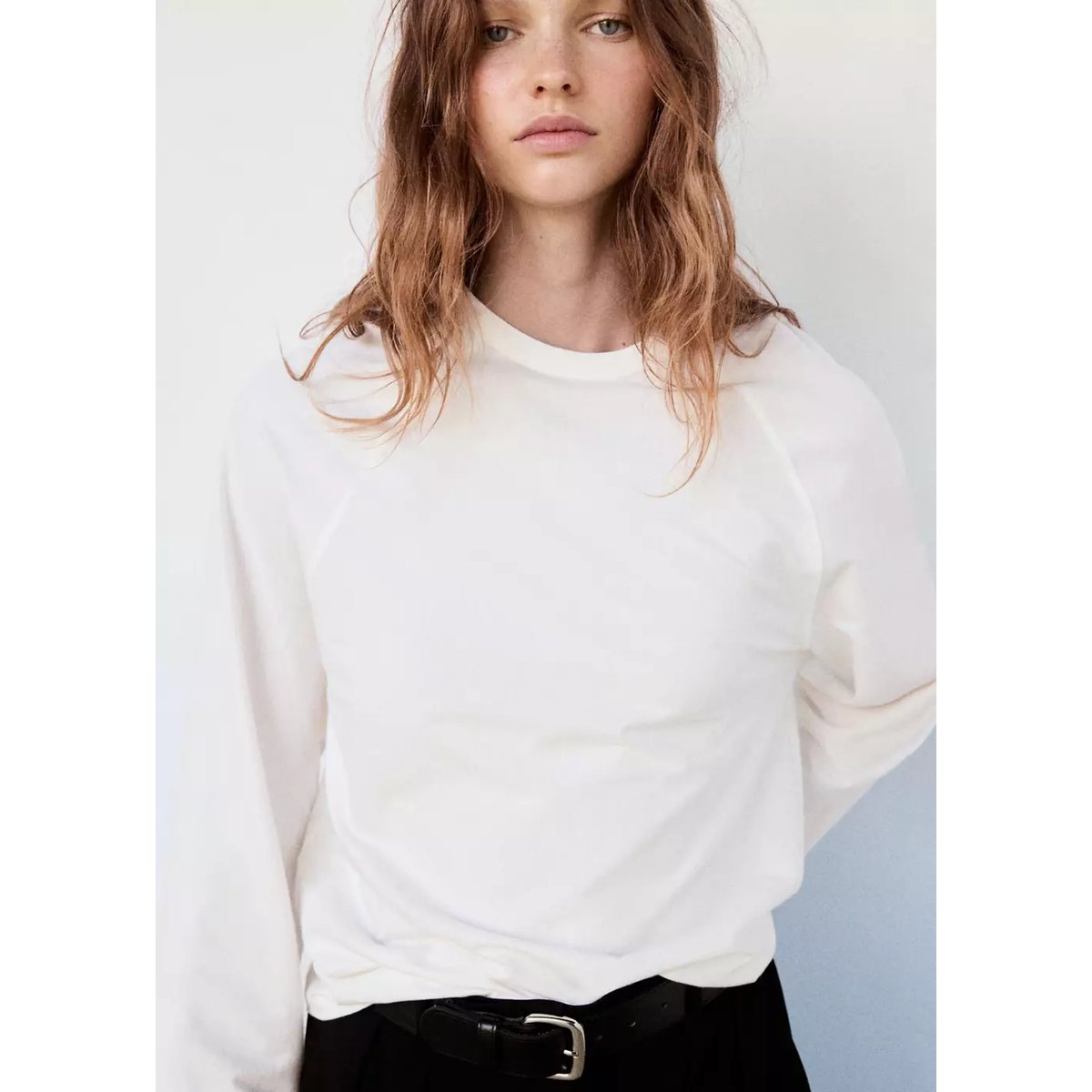 T-shirt 100 % coton manches longues blanc, MANGO
