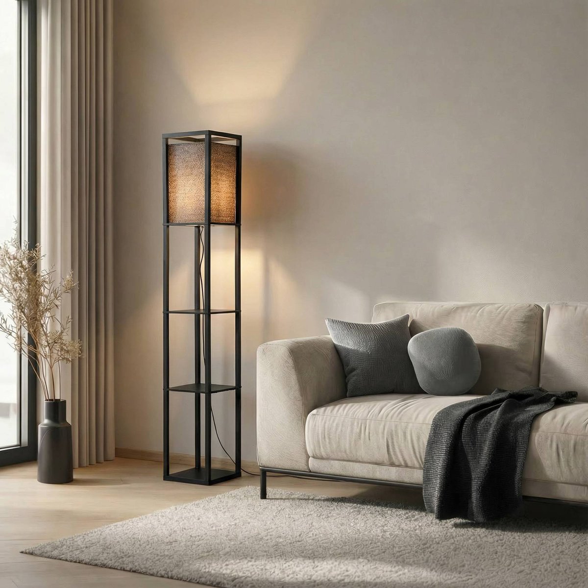 Lampadaire en bois moderne, Birta noir, LINDBY
