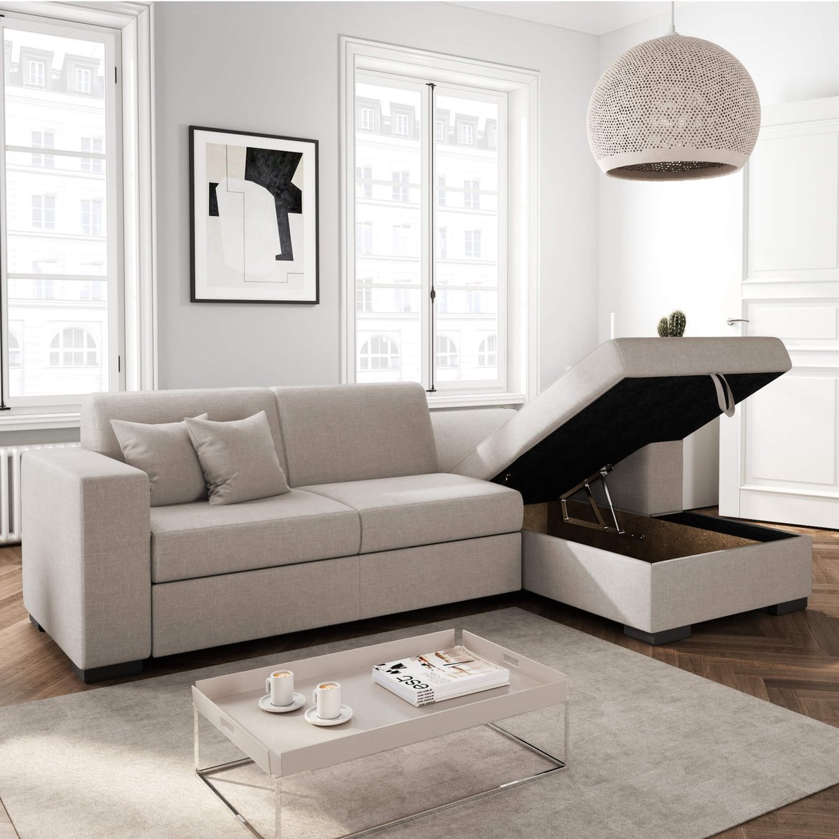 Canapé convertible d'angle droit 4 places beige, TERRE DE NUIT
