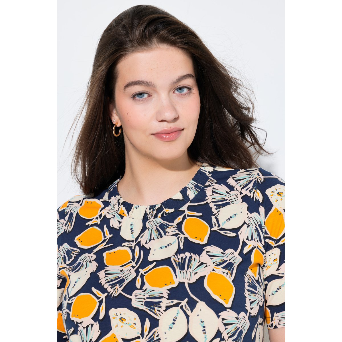 T-shirt en coton bio motif citrons marine, ULLA POPKEN