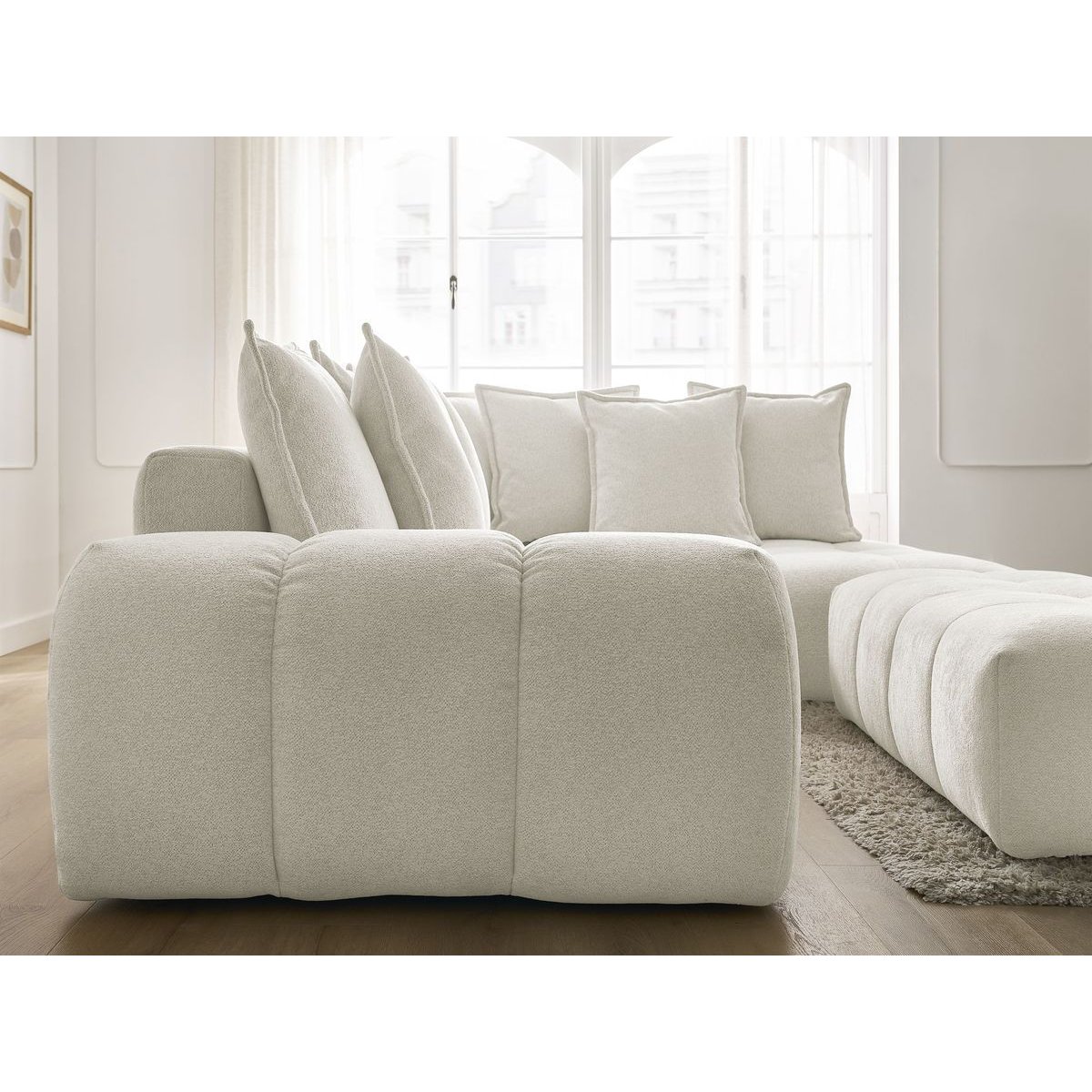 Canapé d'angle convertible 4 places en tissu chiné avec pouf, EVEREST blanc, BOBOCHIC