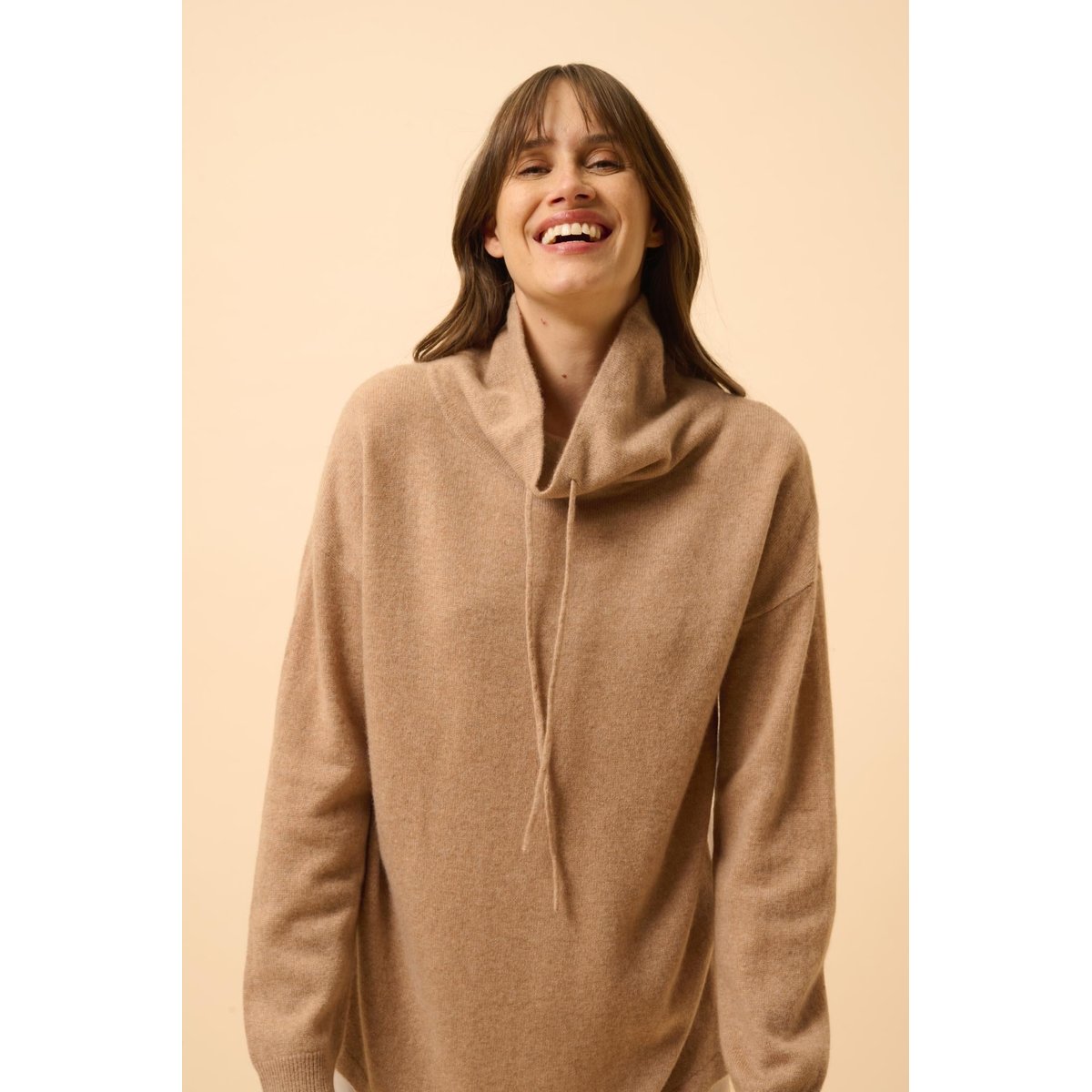 Pull Col Montant Cordon Coulissant Fentes Côtés Camel Chiné Melrose camel chiné, JUST CASHMERE