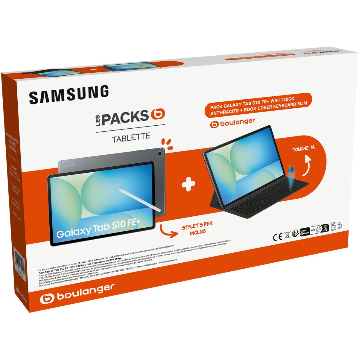 Tablette Android Pack Galaxy Tab S10 FE+ 128Go avec Galaxy IA + BookCover Keyboard Slim + S Pen inclus gris, SAMSUNG