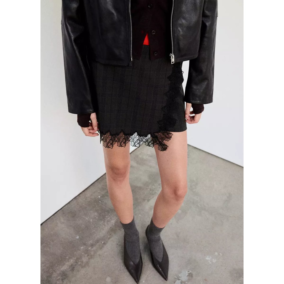 Jupe tartan avec bordure en dentelle gris, MANGO