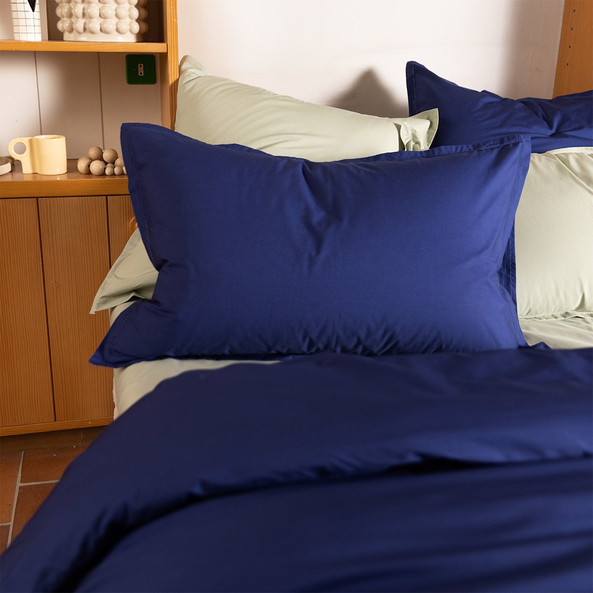 Taie d'oreiller en percale de coton bleu, ALCOVE navire, DESFORGES