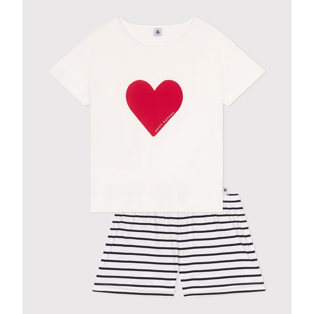Pyjashort in katoen, korte mouwen wit/rood/blauw, PETIT BATEAU