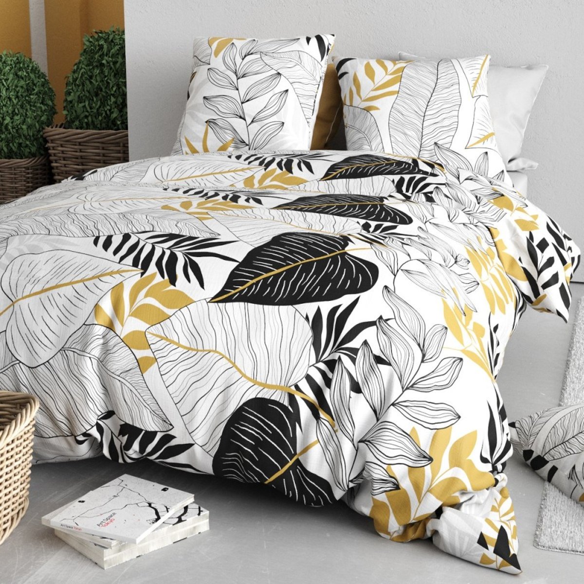 Housse de couette 100% coton 57 fils + 2 taies d’oreiller blanc, DECORATIE