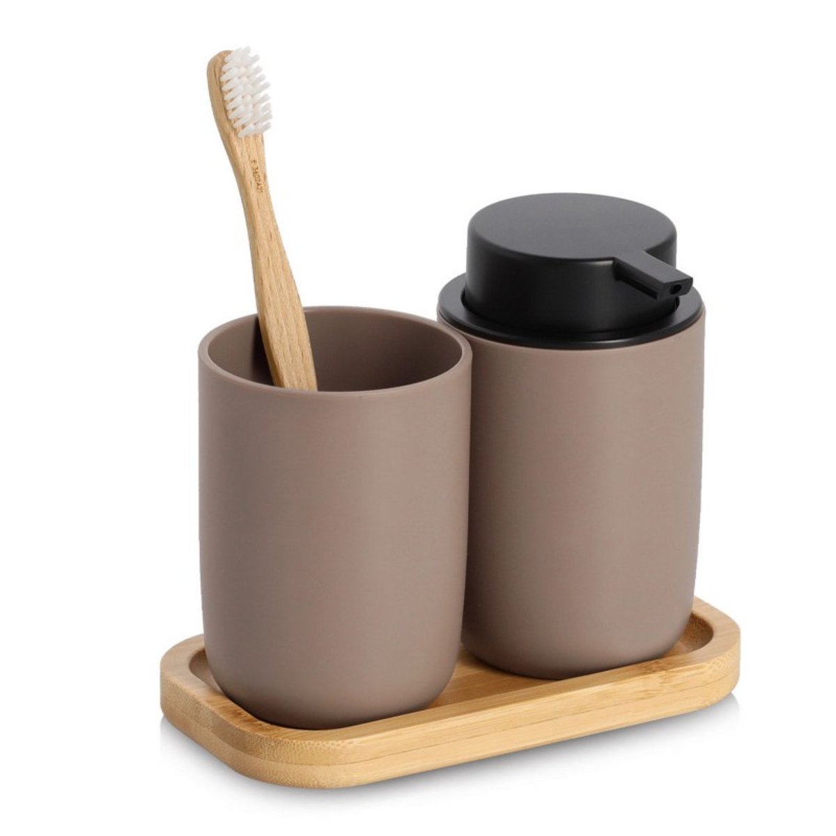 Set pompe à savon gobelet brosses à dents mocha mousse, ZELLER PRESENT