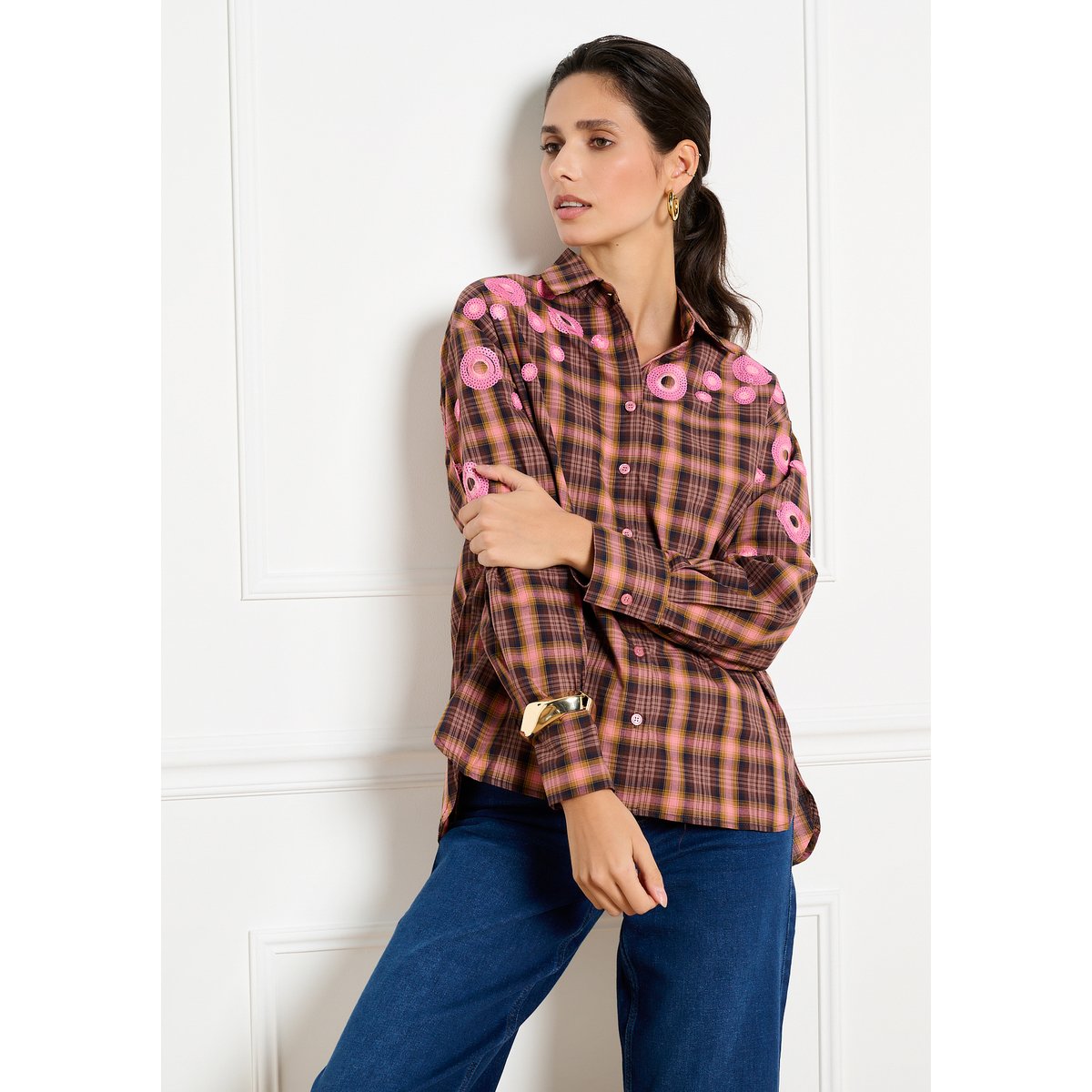 Chemise à carreaux brodée brun fonce chocolate, LOLALIZA