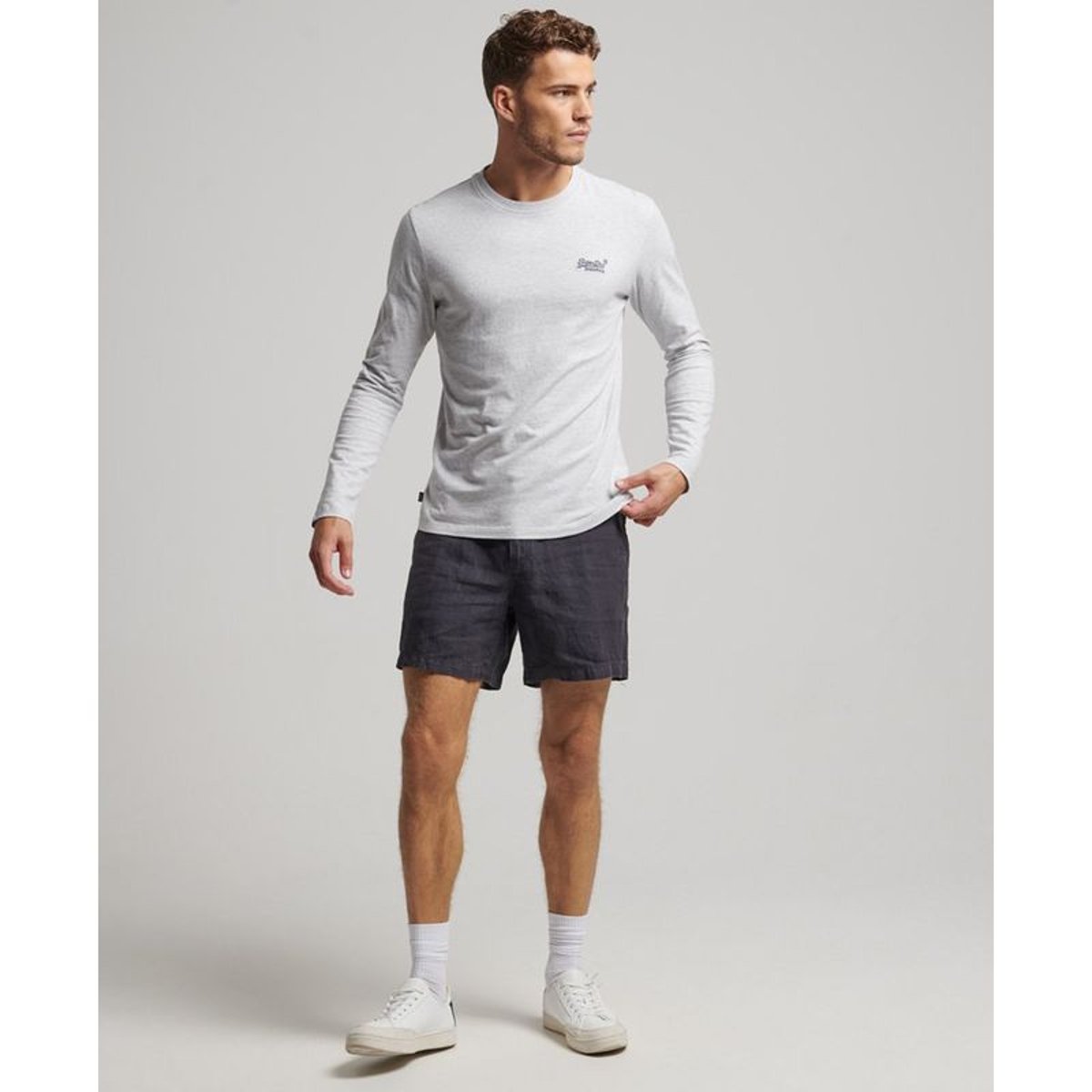 Short en lin surteint graphite bleu, SUPERDRY