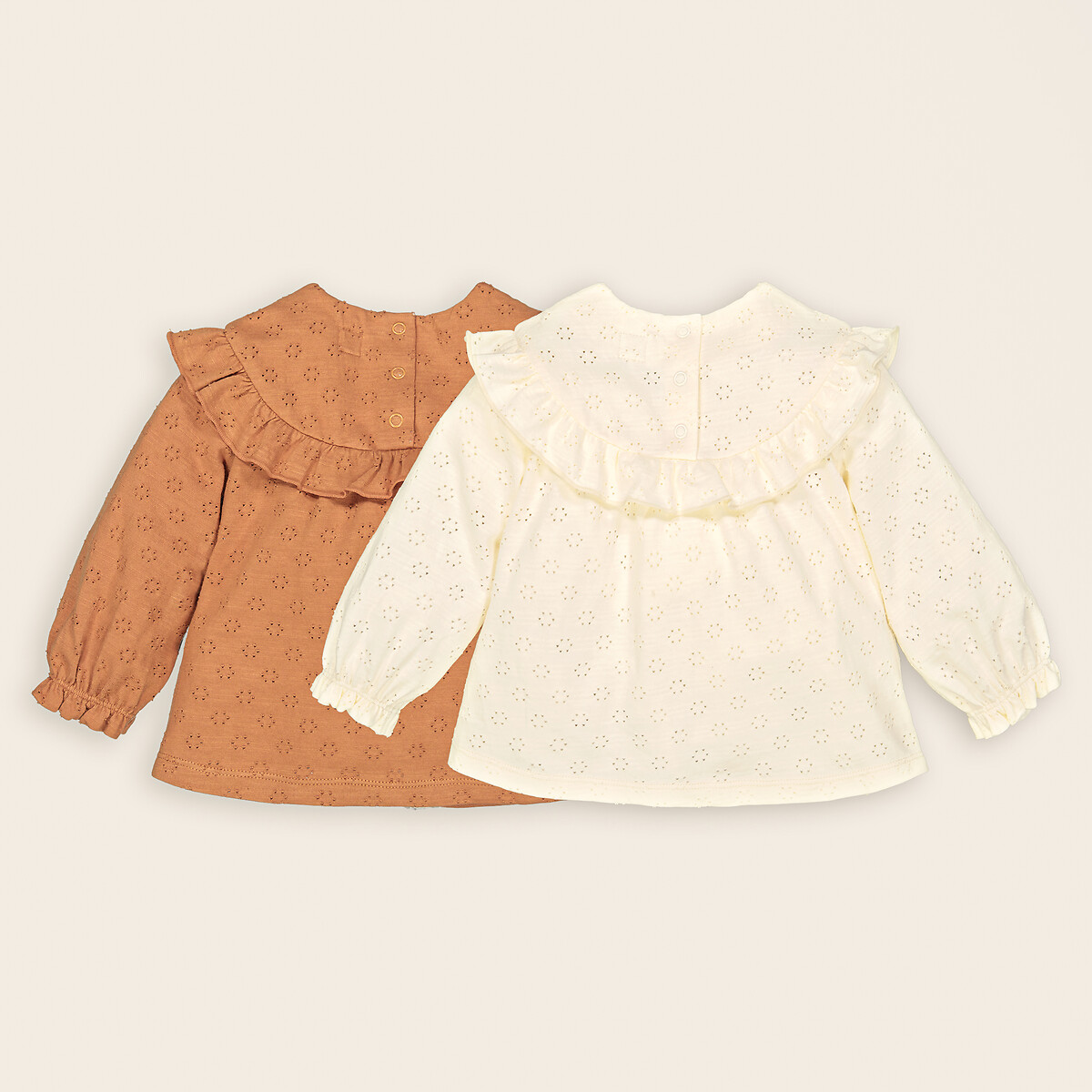 Pack of 2 T-Shirts with Ruffle and Long Sleeves camel/ecru, LA REDOUTE COLLECTIONS