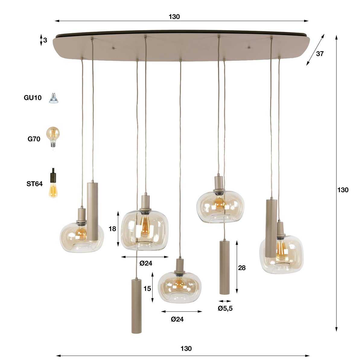 Suspension moderne 9 lampes verre ambré métal beige NIAGARA beige, PIER IMPORT