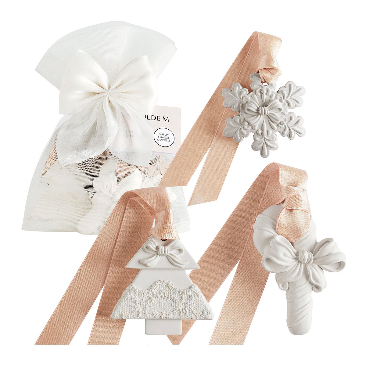 Pochon 3 décors parfumés Orange Cannelle RUBANS DE FÊTE blanc, MATHILDE M