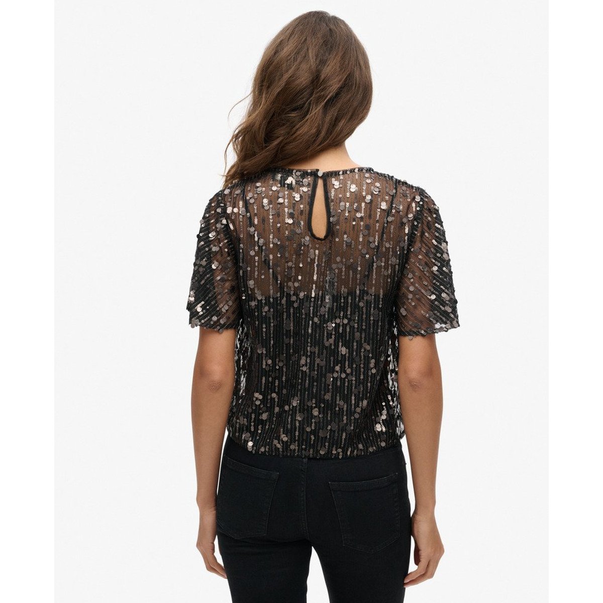 Haut transparent à manches courtes et sequins gris poussière stadium, SUPERDRY