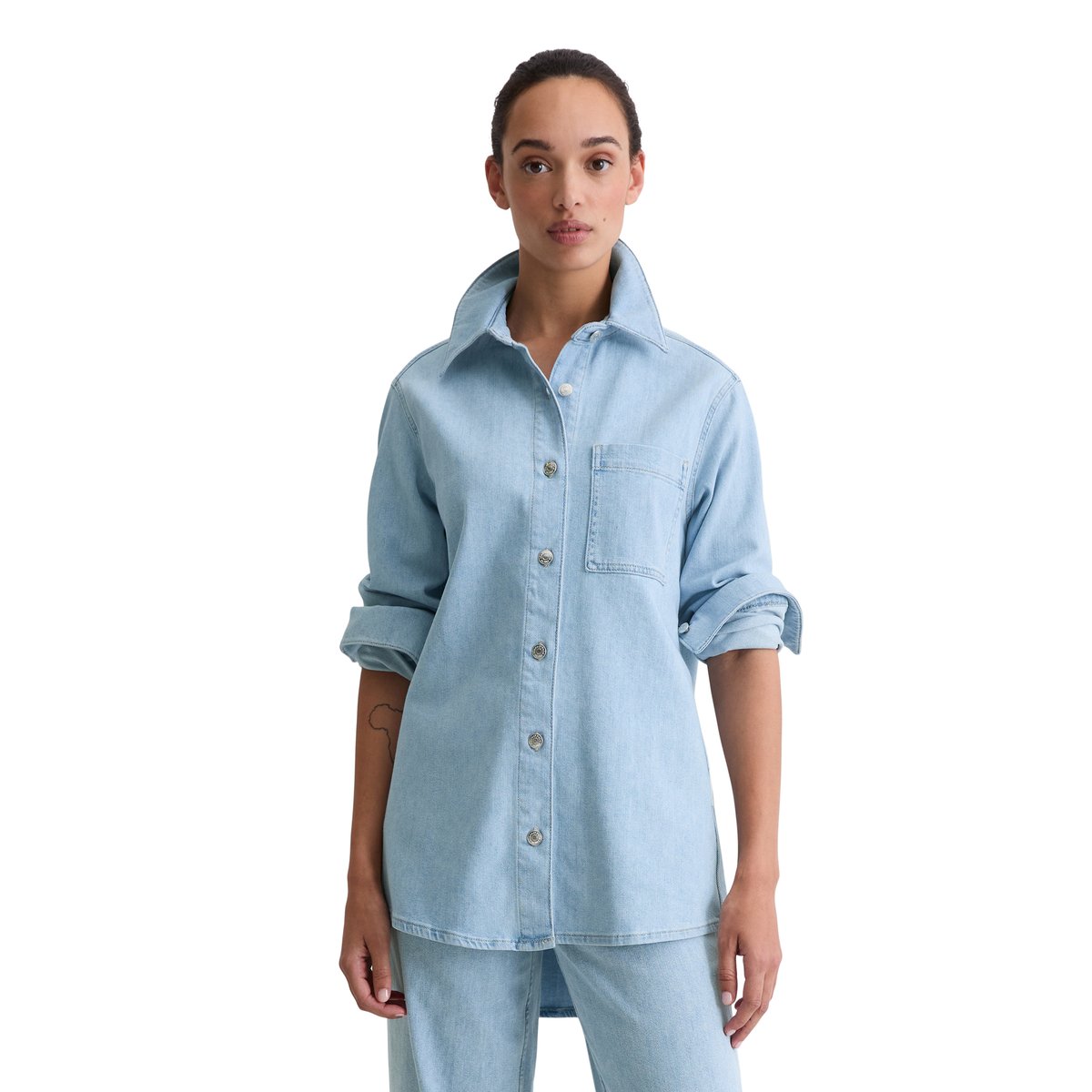 Chemise en jean regular en coton organique mélangé stretch bleu clair, MARC O'POLO