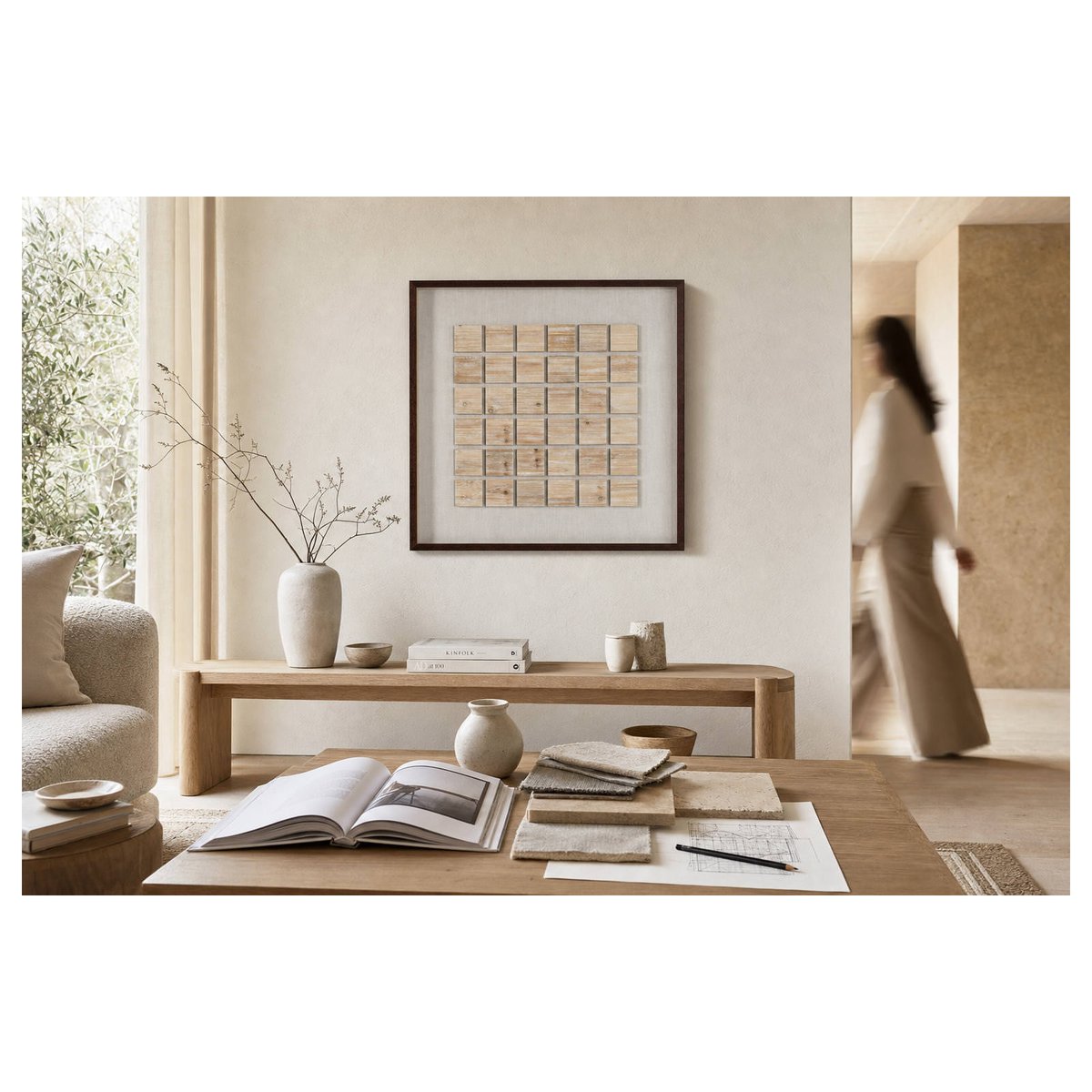 Tableau carré en bois et verre relief brun, blanc et naturel, RECOLLECTION