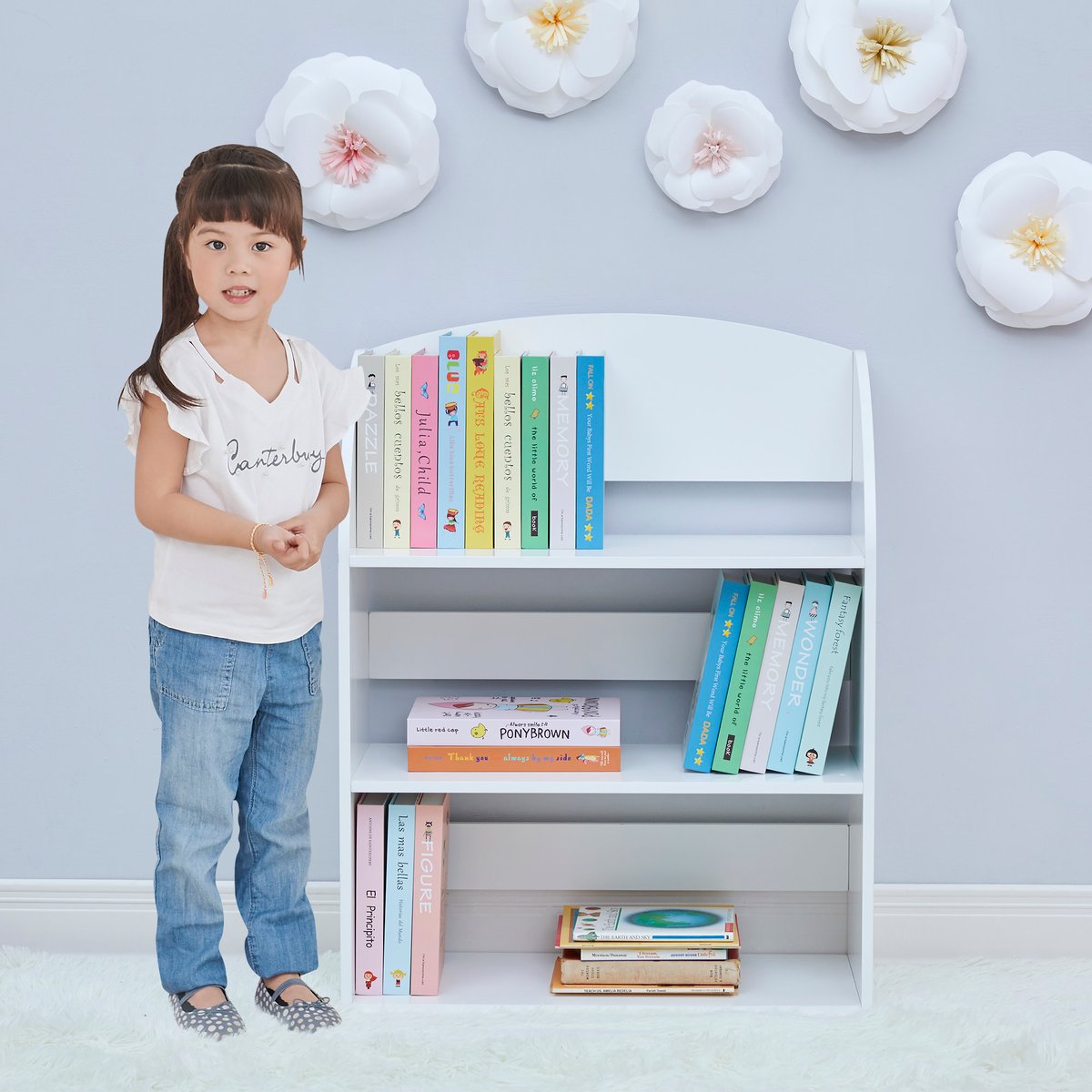 Bibliothèque enfant à 3 niveaux avec étagères ouvertes et sûres, Blanc couleur unique, TEAMSON KIDS