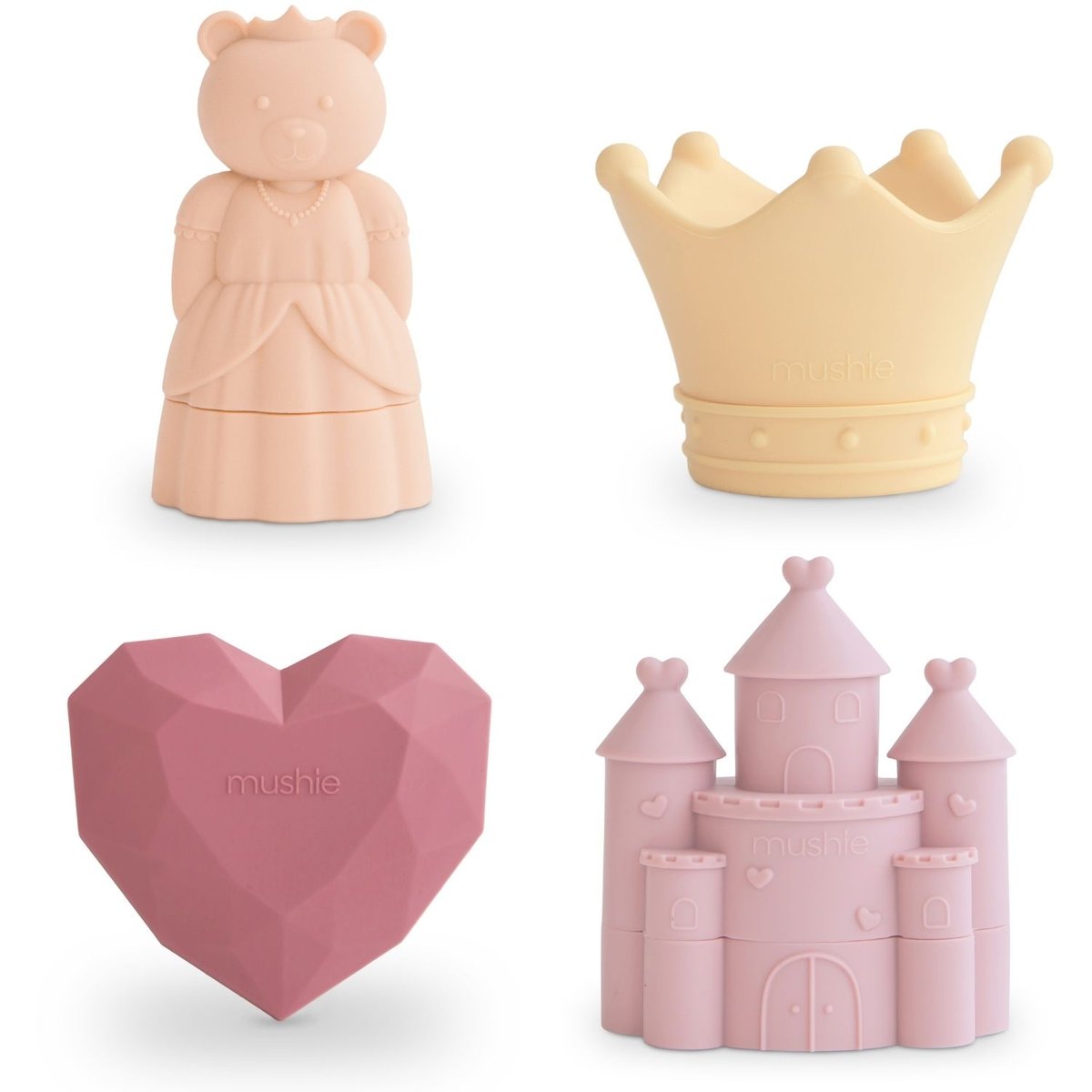 Lot de 4 jouets de bain rose, jaune, violet, MUSHIE