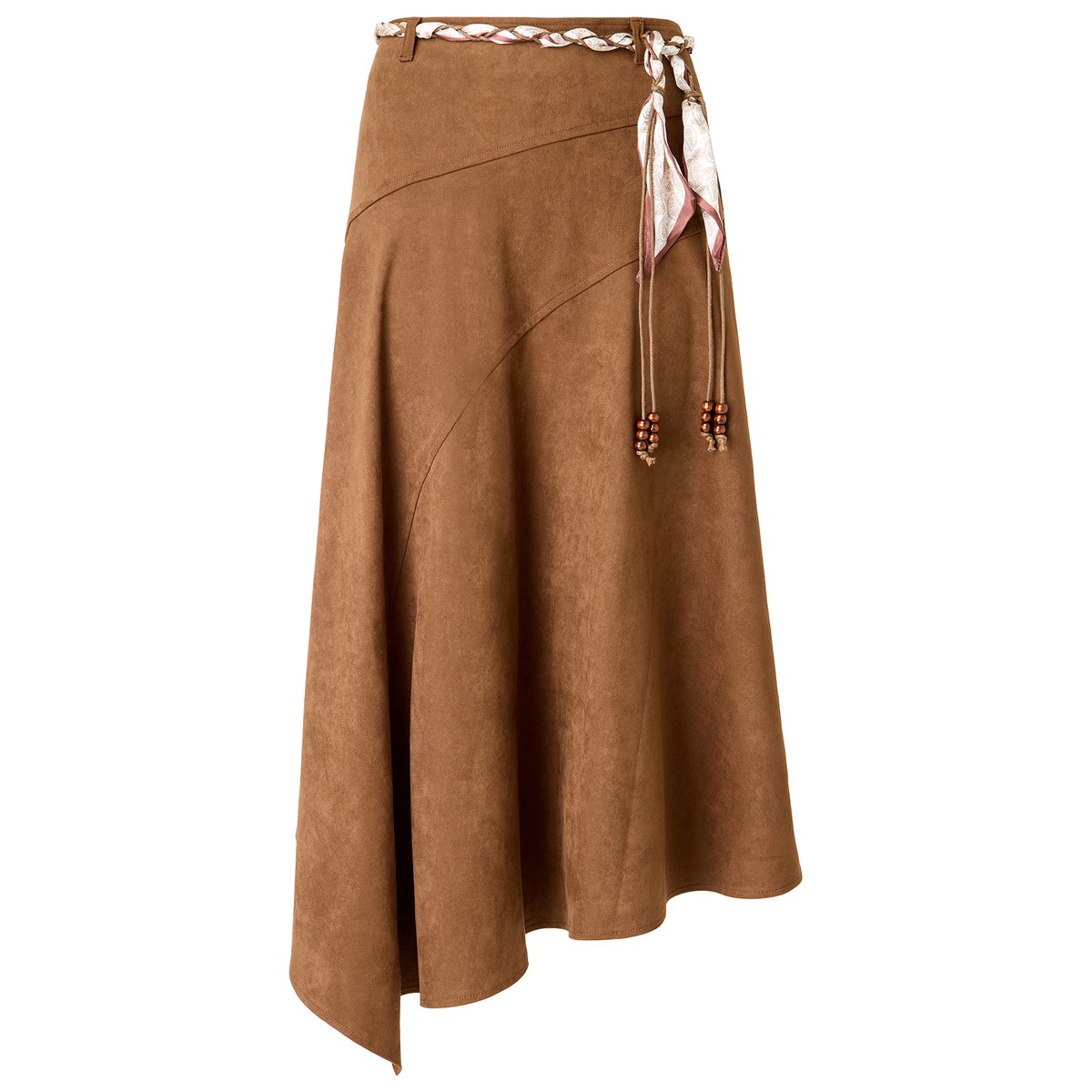Jupe Mi-Longue en Suédine à Ceinture Tressée marron, JOE BROWNS