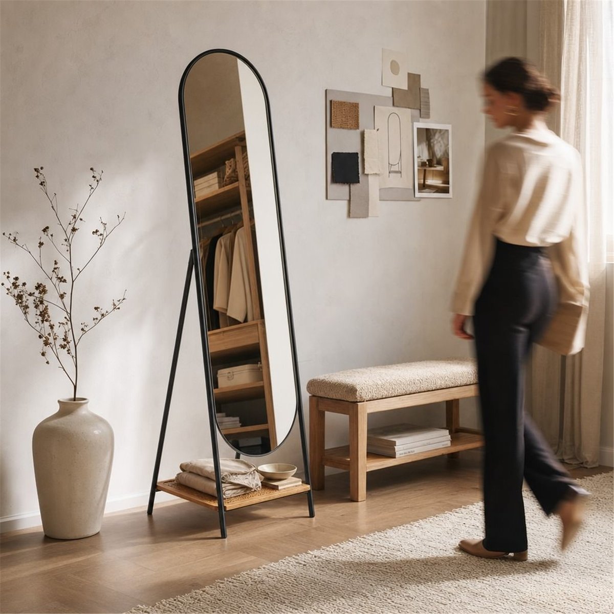 Miroir sur pied avec tablette en rotin noir et naturel, RECOLLECTION