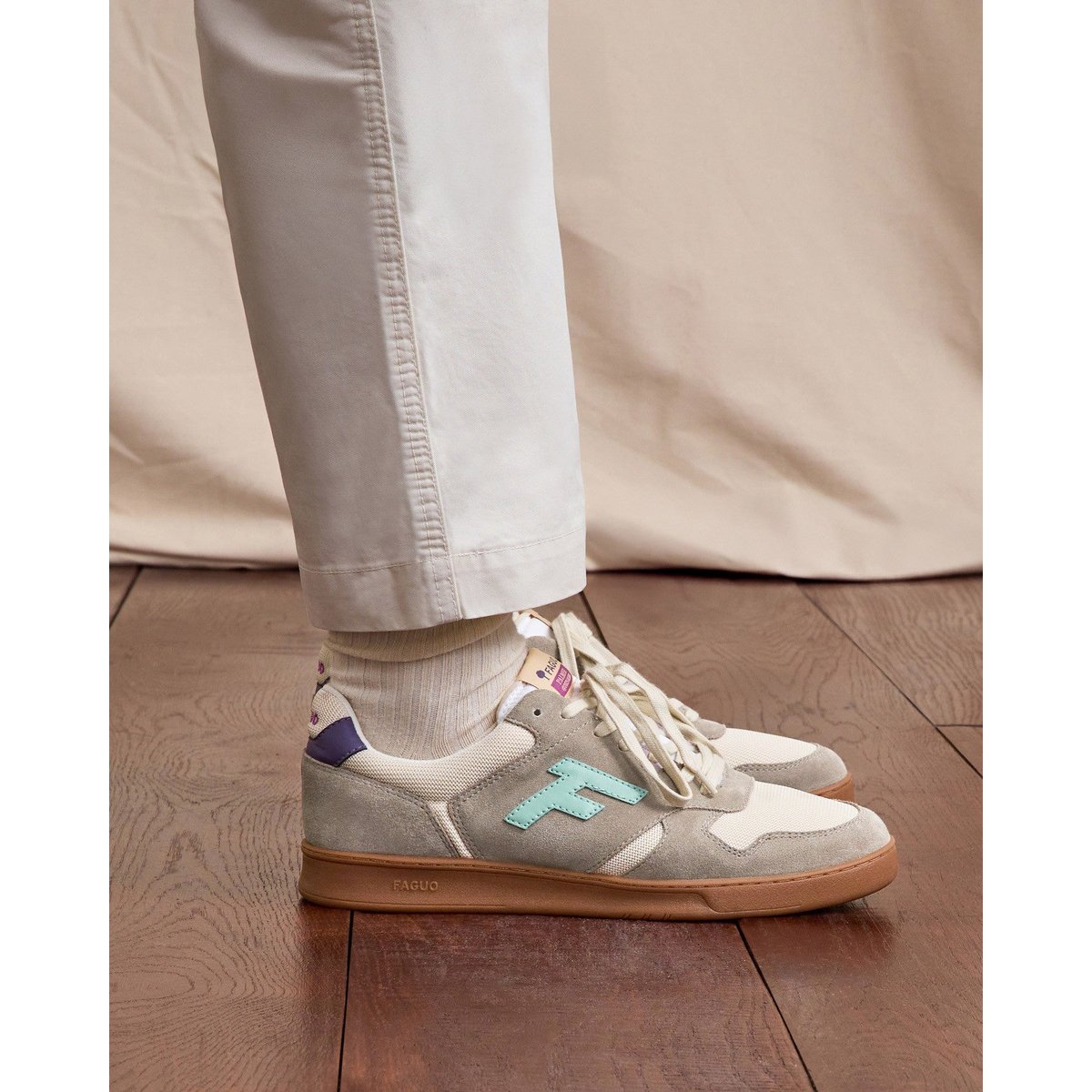 Baskets basses suede tissu PALMER beige et kaki clair, FAGUO