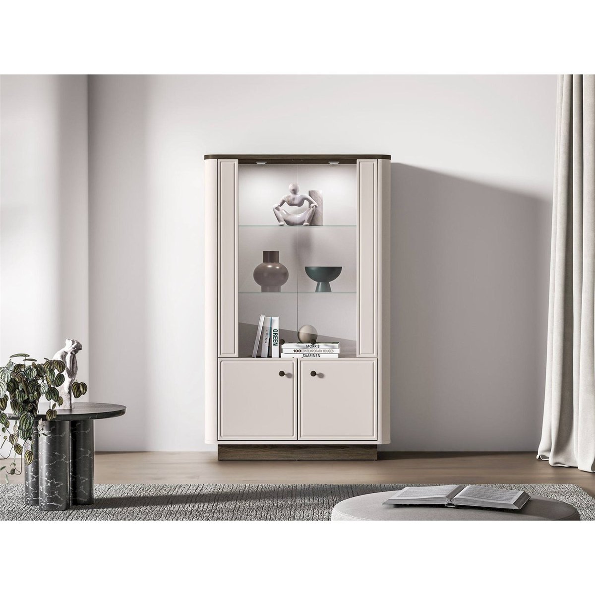 Vitrine basse 4 portes éclairée VILAVIO beige cachemire et chêne foncé, RECOLLECTION