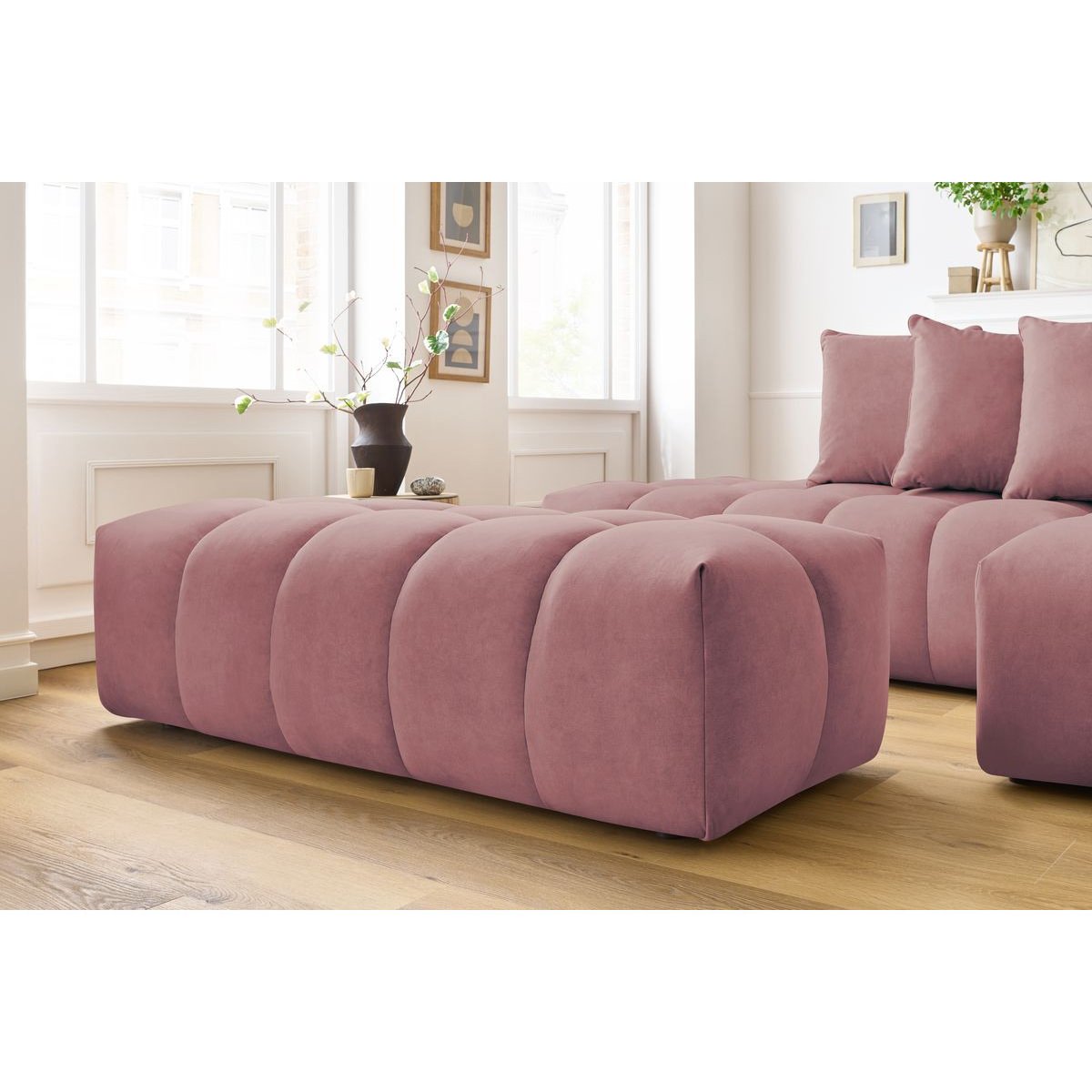 Canapé d'angle fixe 4 places en velours avec pouf, MONT-BLANC rose, BOBOCHIC