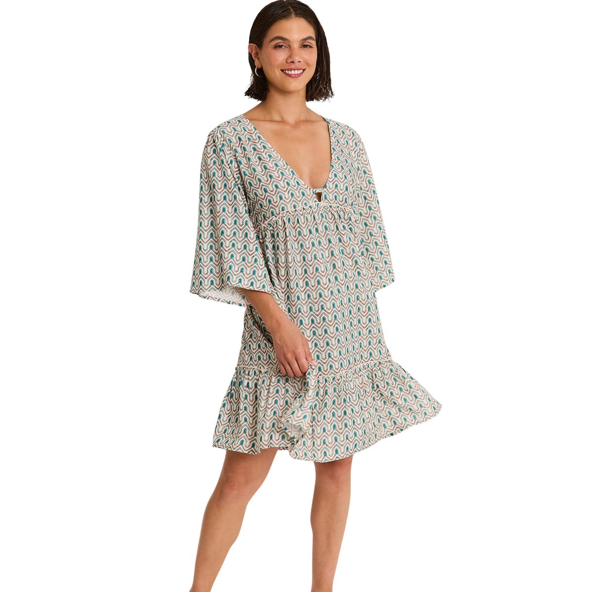 Robe tunique de plage manches mi-longues KALEIDO vert, SELMARK MARE