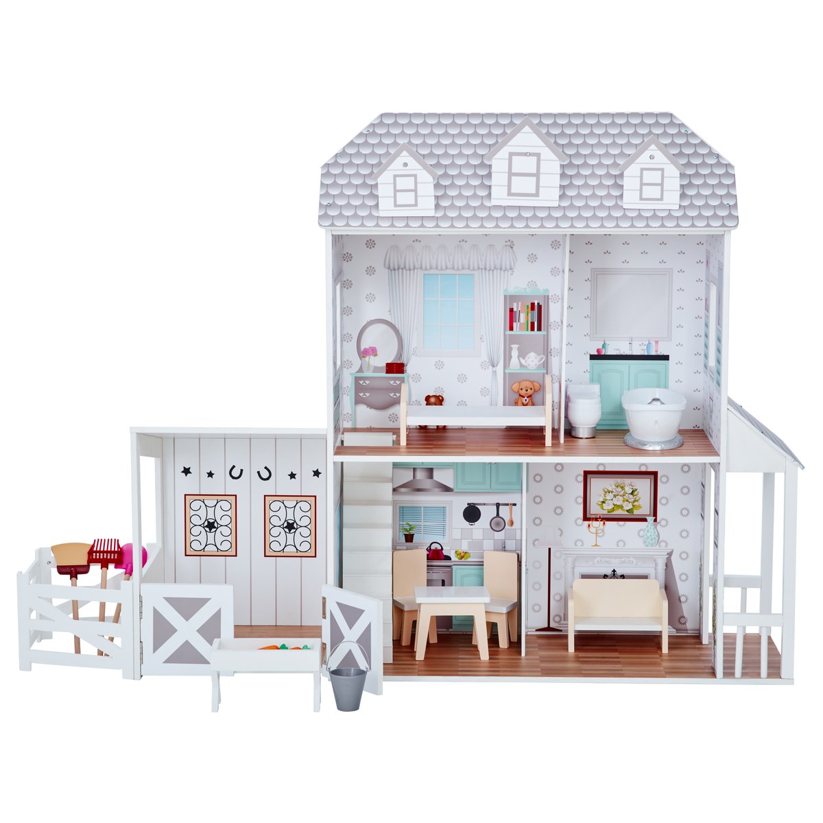 Maison Poupée Ferme 2 étages avec écurie et accessoires, DREAMLAND gris, TEAMSON KIDS