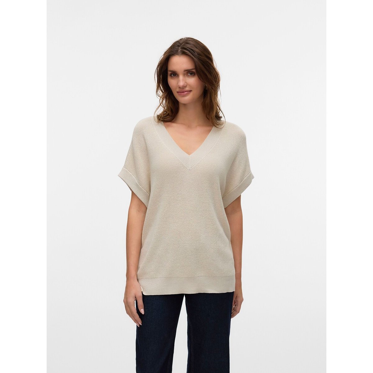 Pull manches courtes col V ecru, VERO MODA