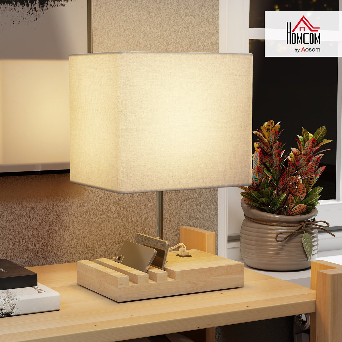 Lampe de table Bois Blanc blanc, bois naturel, chromé, HOMCOM