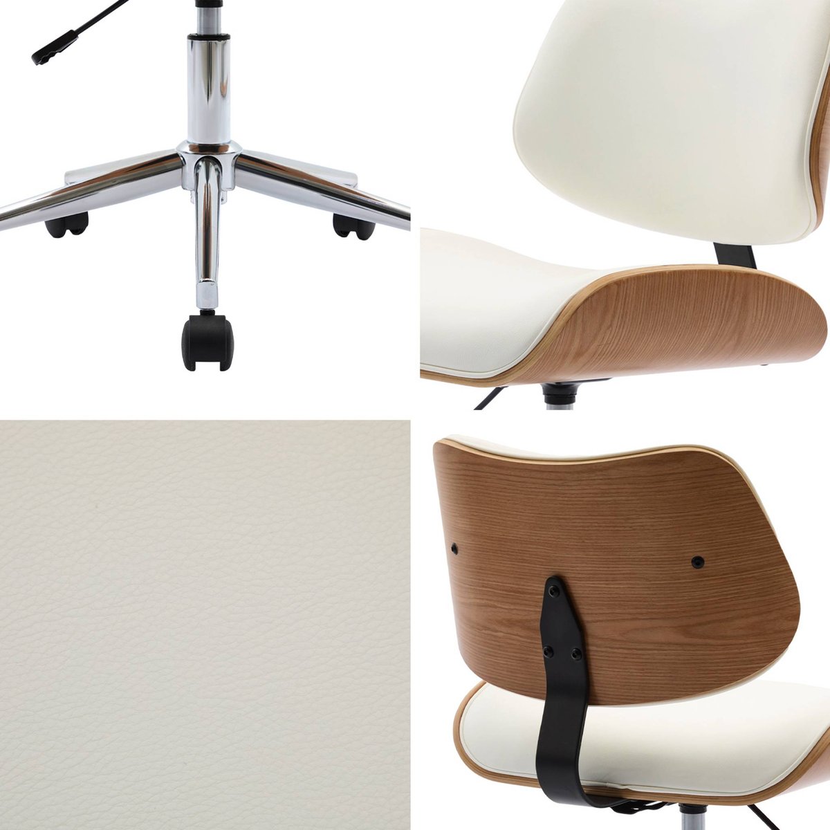 Chaise de bureau à roulettes décor bois courbé et simili cuir KAREN blanc, SWEEEK