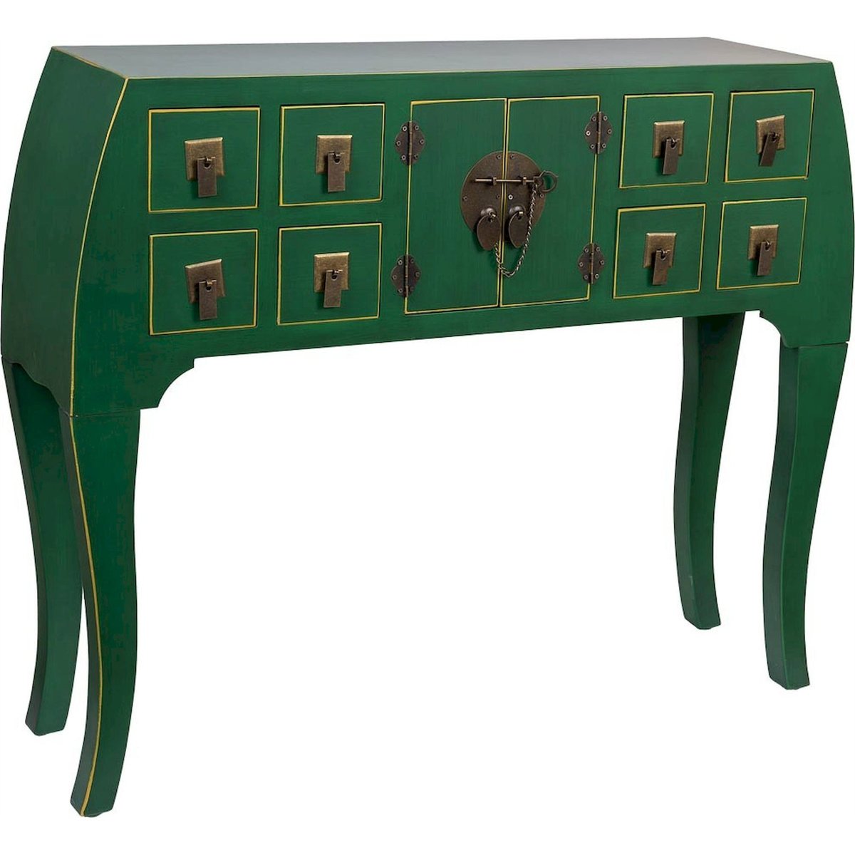 Console art déco rectangulaire en métal 8 tiroirs 2 portes vert art déco patiné, RECOLLECTION