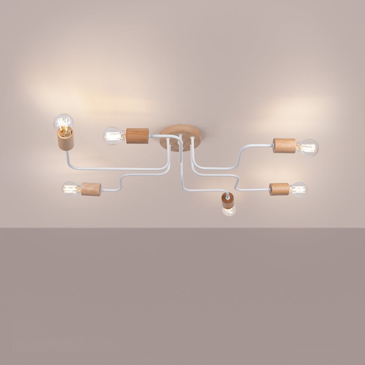 Lustre Acier Blanc/Bois Naturel E27 6 Timbo blanc, EDEN