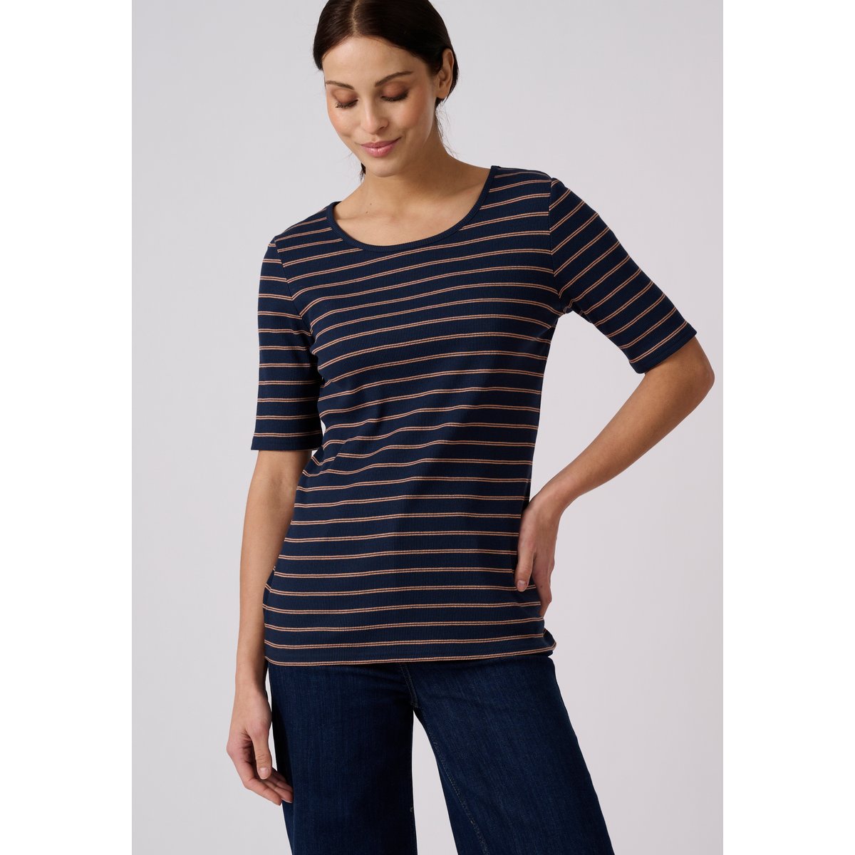 T-shirt rayé manches aux coudes bleu marine rayé, DAMART