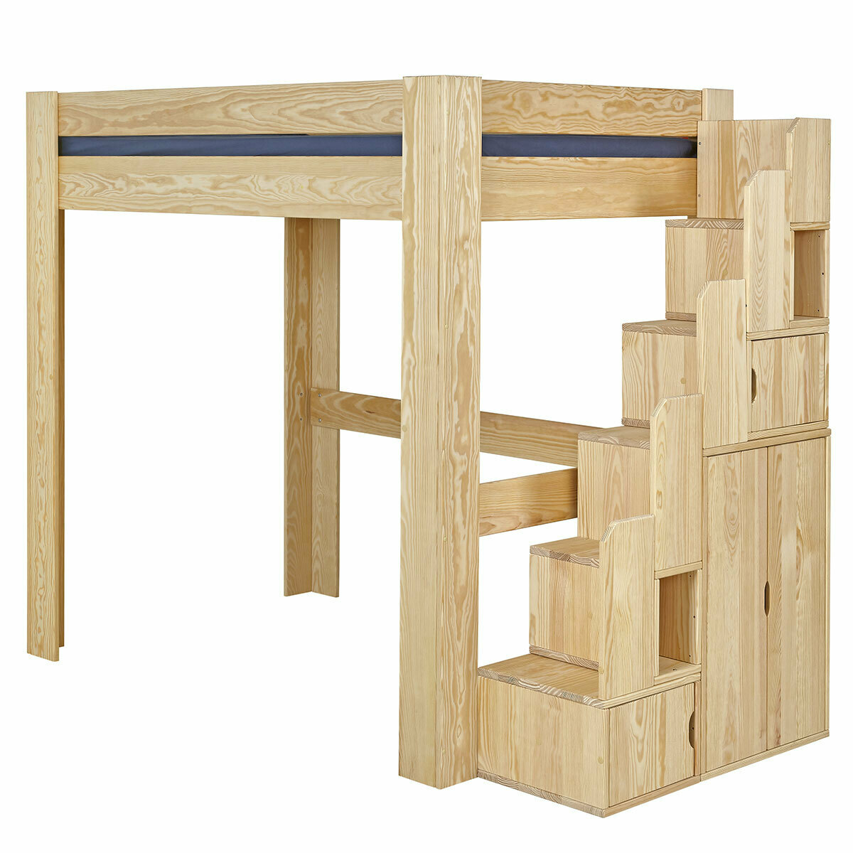 Pack lit mezzanine avec escalier et matelas Bois massif LEX bois naturel, AKITEN RETAIL