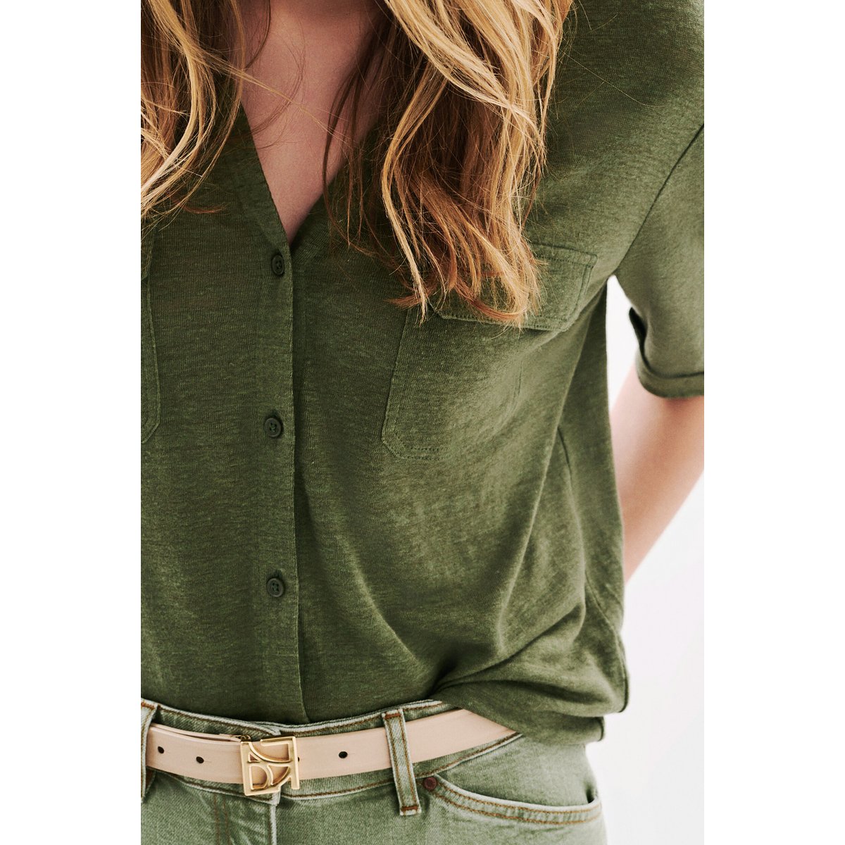 Chemise col fendu lin ESTELA vert kaki, CAROLL