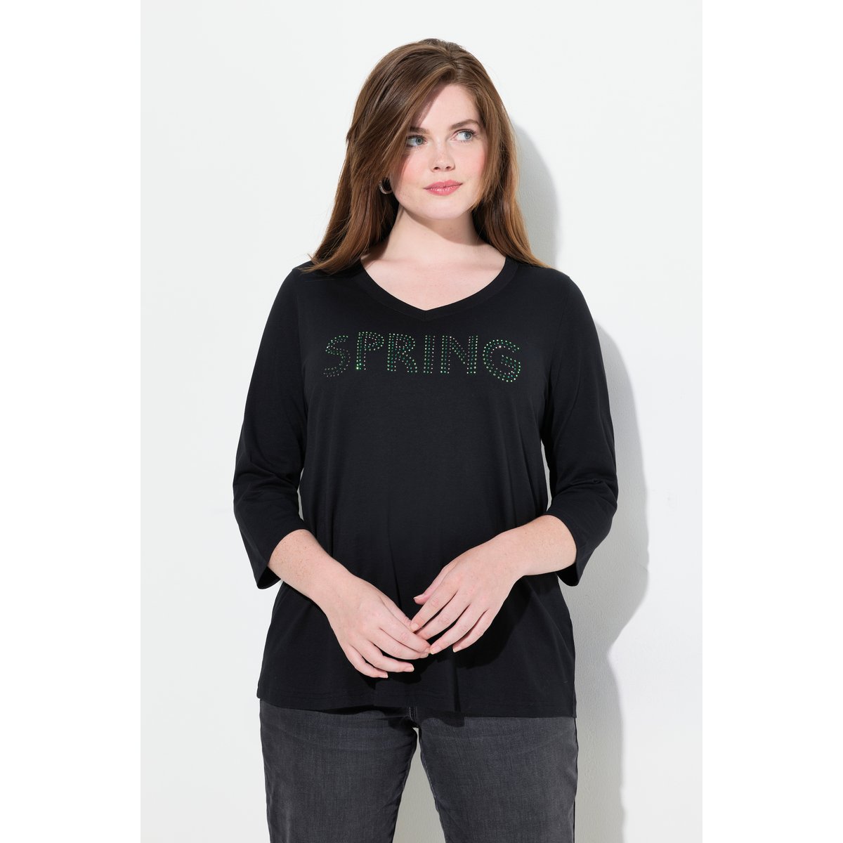T-shirt col en V et manches 3/4 noir, ULLA POPKEN