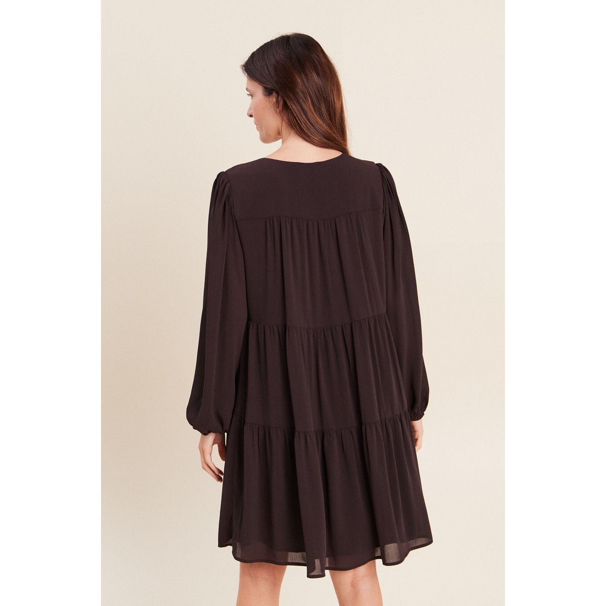 Robe courte évasée col v manches longues marron foncé, BREAL