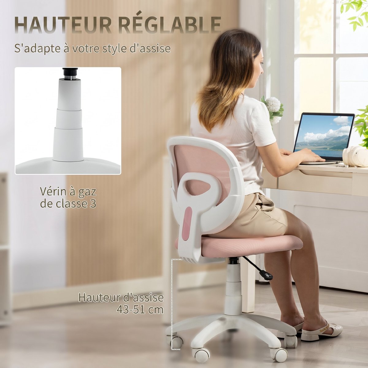 Chaise de bureau Maille (100 % polyester) rose, HOMCOM