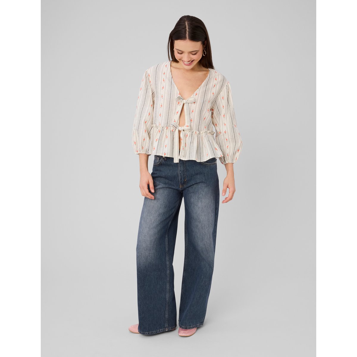 Blouse imprimée à nouer multicolore, BZB